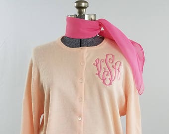 1950s Cashmere Monogram Cardigan with Hot Pink Scarf Vintage Cardigan