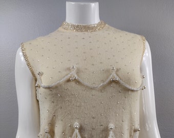 1960s Beaded Angora Sleeveless Sweater, Mod Pearl & Sequin Top (Size M)