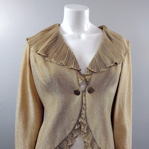 Vintage Jacket Gold Metallic Sparkle Lamé Tailored Formal Jacket with Pleated Ruffle Neckline and Cut-Away High-Low Hem Size L
