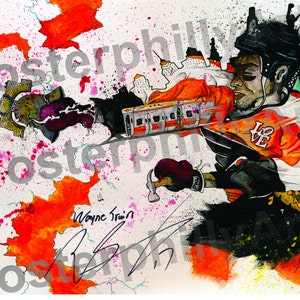May include: A watercolor painting of a hockey player wearing an orange and black jersey with the number 17 and the word "LOVE" on the front. The player is holding a hockey stick and is in a dynamic pose. The background is a cityscape with orange and white splatter paint. The painting is signed "Wayne Simin" in the bottom left corner and "Foster" in the bottom right corner.