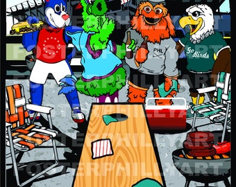 May include: Four cartoon mascots are gathered around a wooden cornhole game. The mascots are a blue bear, a green monster, an orange bird, and a white eagle. The eagle is wearing a green jersey with the words "Go Birds" on it. The mascots are all holding drinks and snacks. There is a grill in the background with hot dogs and hamburgers on it.