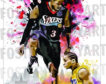 May include: An artistic illustration of a basketball player in a Sixers jersey, number 3, mid-jump, with a second player in a yellow jersey. The background features colourful paint splatters and a city skyline.