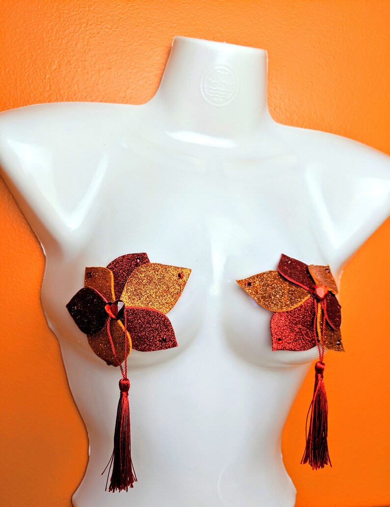 Red and Orange Fire Flower Pasties with Heart Rhinestones