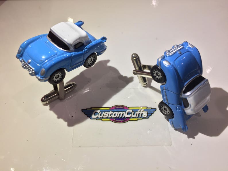 Vintage Micro Machine Car Cufflinks Perfect fathers day valentines birthday wedding or christmas gift 1955 Corvette Blue