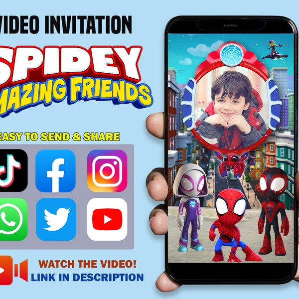 Spidey Animated video invitation for a birthday party with a child's photo, Spiderboy and friends Video Invitation digital, New Design 2023