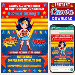 Frau Superheld Party digitale Geburtstagseinladung BEARBEITBAR in CANVA, Held Mädchen Comic-Party laden Canva ein, sofortiger Download, Design New 2023