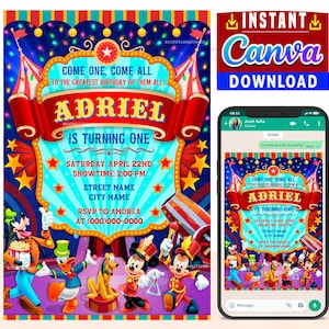 Mickey CIRCUS-feestuitnodiging digitale verjaardagsuitnodiging BEWERKBAAR in CANVA, Mickey Circus-feestuitnodiging Canva, instant download, #2, nieuw 2025