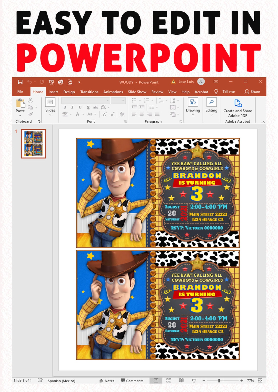 WOODY toy story Invitation digital editable in PowerPoint Etsy