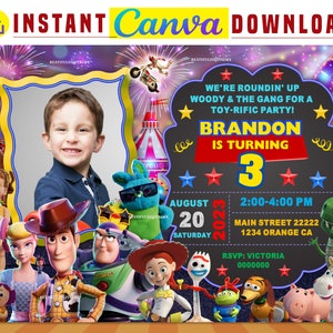 Toy story party printable template Photo invitation for birthday, EDITABLE in CANVA, Toy Story Chalk invite Canva, instant download, Nw 2023