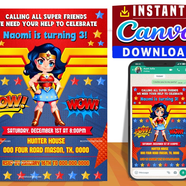 Woman super hero party digital birthday invitation EDITABLE in CANVA, Hero girl comic party invite Canva, instant download, design New 2023