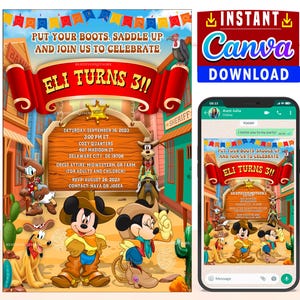 Mickey Cowboy-feest digitale verjaardagsuitnodiging schoolbord BEWERKBAAR in CANVA, Mickey Cowboy-feestuitnodiging Canva, instant download, nieuw 2025