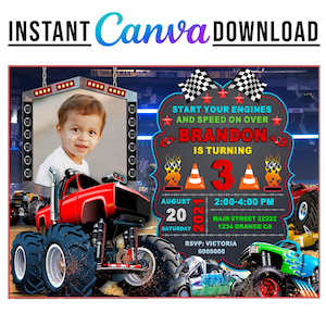 Monster TRUCK Chalkoard Geburtstags-Fotoeinladung EDITIERBAR in CANVA, Monster Truck Chalkboard Party einladen Canva, sofortiger Download, New 2025