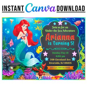 Little Mermaid party digital birthday invitation chalkboard EDITABLE in CANVA, Little Mermaid party invite Canva, instant download, New 2025