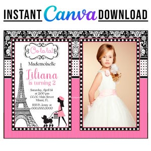 Paris party photo printable invitation for birthday EDITABLE in CANVA, Paris invite Canva, instant download, design New 2023