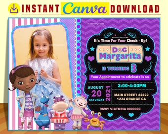 Doc McStuffins party digital birthday Photo invitation EDITABLE in CANVA, Doc McStuffins party invite Canva, instant download, New 2023