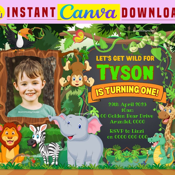 Jungle safari party digital birthday Photo invitation EDITABLE in CANVA, Jungle safari party invite Canva, instant download, design New 2023