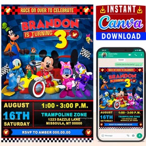 Mickey en de racers partij digitale verjaardagsuitnodiging schoolbord BEWERKBAAR in CANVA, Mickey-feestuitnodiging Canva, instant download, nieuw 2025