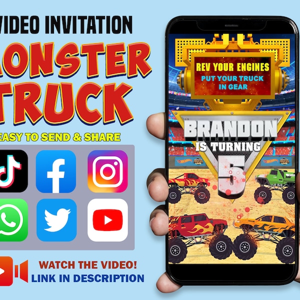 Monster Truck Animierte Video Einladung für eine Geburtstagsparty mit Einem Kinderfoto, Monster Truck Video Einladung digital, Neues Design 2023