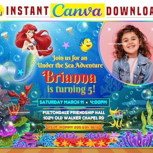 Little Mermaid party digital birthday Photo invitation EDITABLE in CANVA, Ariel Princess party invite Canva, instant download, New 2023