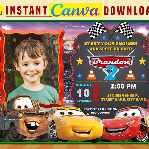 Cars Chalk party digital birthday Photo invitation EDITABLE in CANVA, Cars Chalkboard party invite Canva, instant download, design New 2023