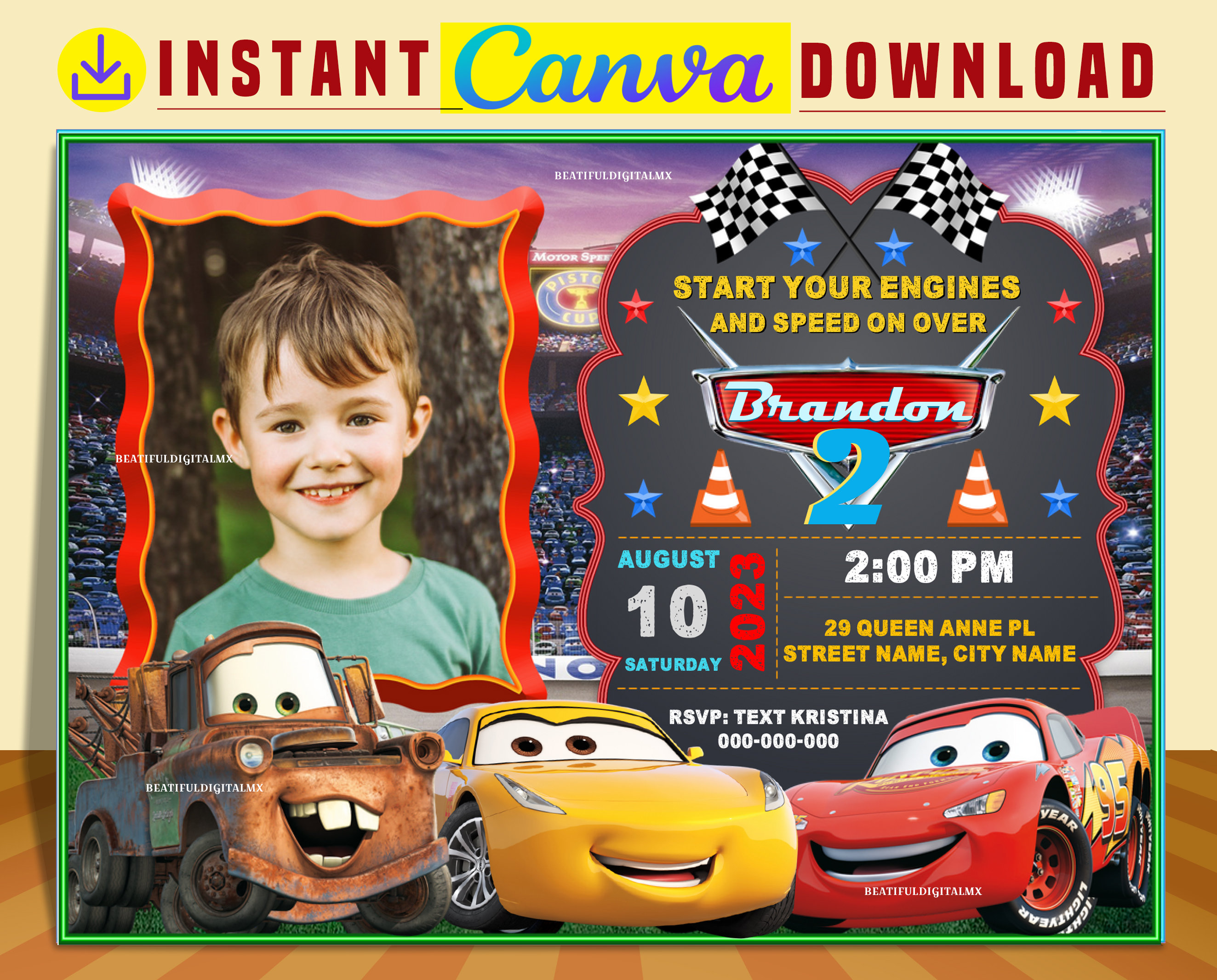 Disney Cars Invitation Chalkboard Lightning Mcqueen Birthday 