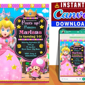 Peach Princess party digital birthday invitation EDITABLE in CANVA, Peach Princess party invite Canva, instant download, design New 2023