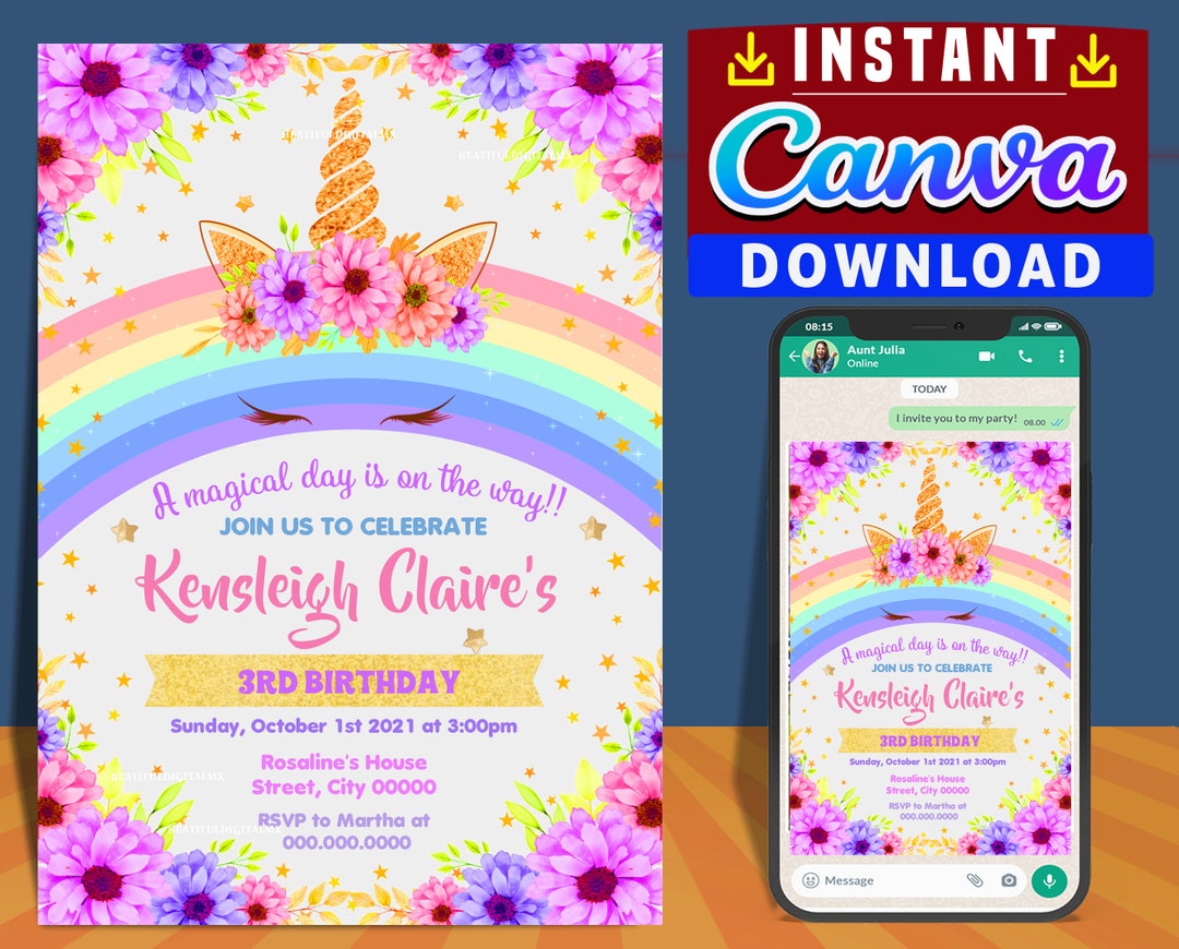 Watercolor Rainbow Unicorn Party Digital Birthday Invitation - Etsy