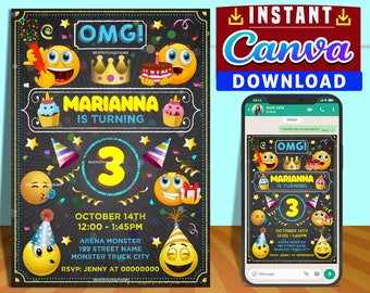 Emoji chalkboard party digital birthday invitation EDITABLE in CANVA, Emoji chalkboard party invite Canva, instant download, design New 2023