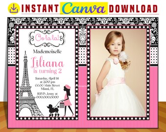 Paris party photo printable invitation for birthday EDITABLE in CANVA, Paris invite Canva, instant download, design New 2023