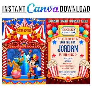 Mickey CIRCUS-feest digitale verjaardagsuitnodiging schoolbord BEWERKBAAR in CANVA, Mickey Circus-feestuitnodiging Canva, instant download, nieuw 2025