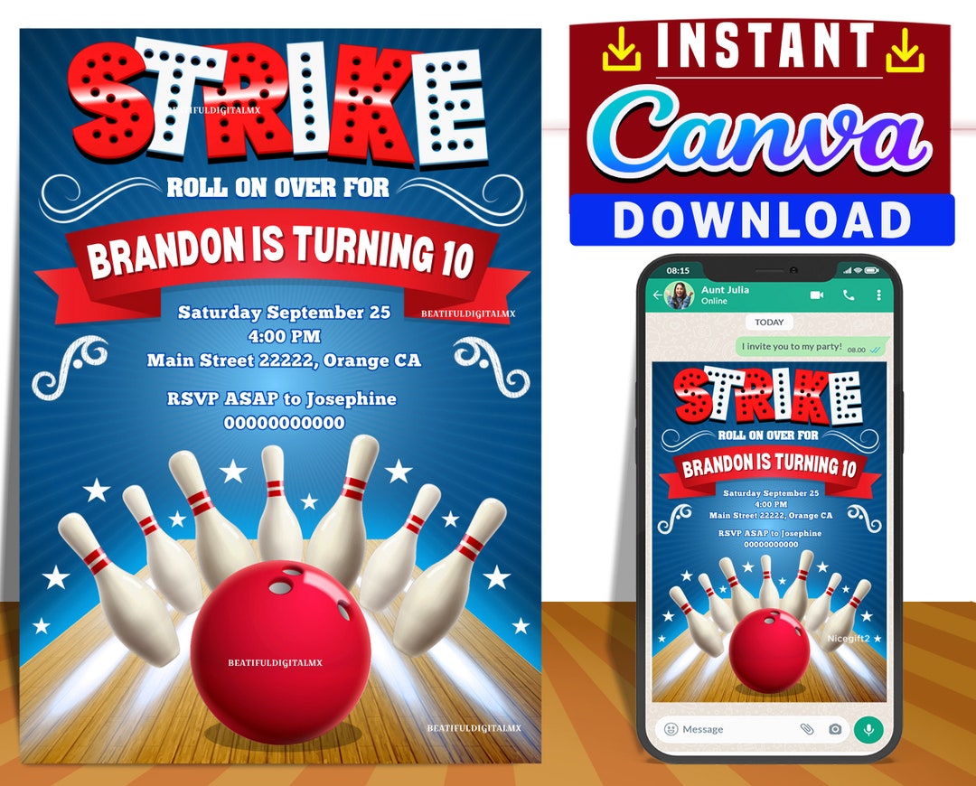 Bowling Party Digital Birthday Invitation EDITABLE on CANVA