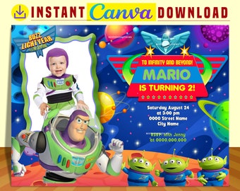 Buzz Lightyear party digital birthday Photo invitation EDITABLE in CANVA, Buzz Lightyear party invite Canva, instant download, New 2023