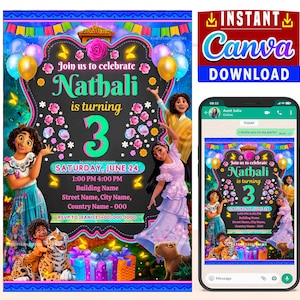 Convite digital de aniversário para festa Encanto quadro negro EDITÁVEL em CANVA, convite para festa Encanto giz Canva, download instantâneo, design Novo 2025