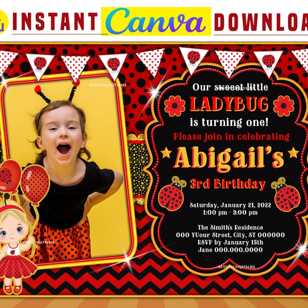 Ladybug party digital birthday Chalk Photo invitation EDITABLE in CANVA, Ladybug party invite Canva, instant download, design New 2023