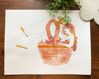 Apple Basket Girl ORIGINAL ART - Original Watercolor Painting