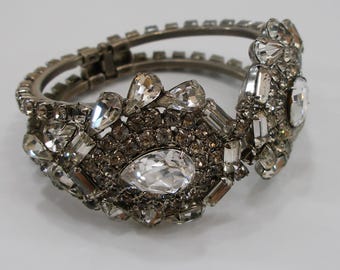 Juliana Silver Clamper Bangle Bracelet, Vintage Crystal Baquette Bangle