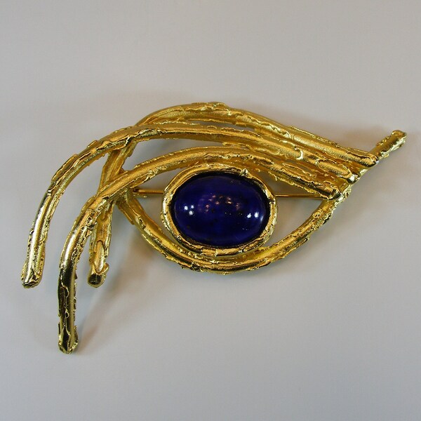 ORENA PARIS Signed Gold Brooch With Blue Glass, French Designer Couture Jewellery, Vintage Abstract Gold Tone Brooch/Pin Signed, Marked Pin