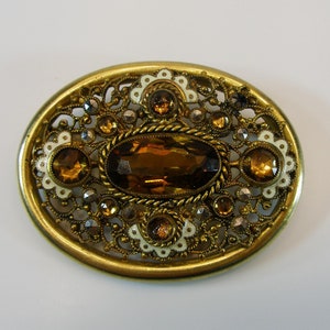 Vintage Neiger Brooch-1930s Czech Filigree Brooch-Art Deco Neiger Enamel, Topaz Glass and Marcasite Brooch