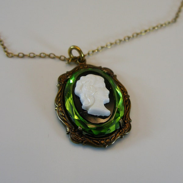 Necklace, Old Hand Carved Cameo Pendant,  Antique Victorian Cameo, Gold Plated Sterling Silver, Dixelle 12K gold Chain