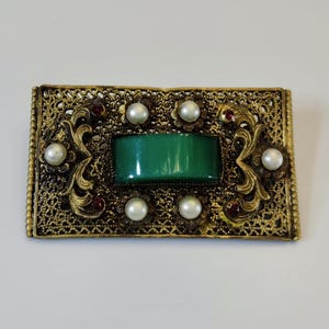 Vintage Czech or Chinese export style Art Deco green Peking glass pearl and rhinestone brooch in brass filigree