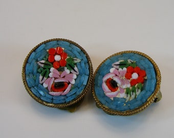 Micro Mosaic Italian Earrings Clips Flower Floral Jewelry Italy Enamel Porcelain Glass Jewelry