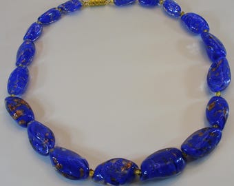 Vintage Murano Glass Necklace – Blue Venetian Beads with Gold Flecks