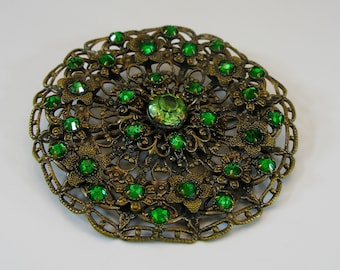 Large Art Deco 1920s Filigree Czech Bronze Metal Filigree Metal Brooch with Green Uranium Glass, Round Retro Pin