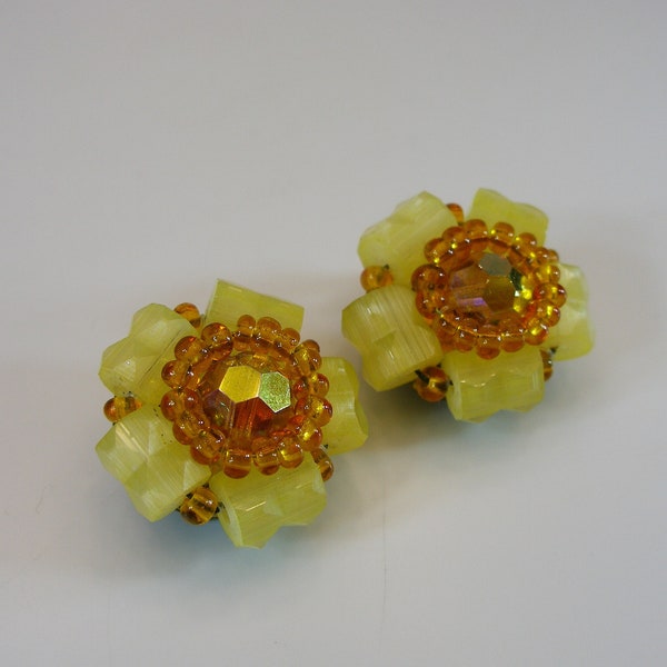 Czech 60s Earrings Satin Glass Floral Flower AB Rhinestone Crystals Wedding Bridal Vintage Clip On Vintage Earrings