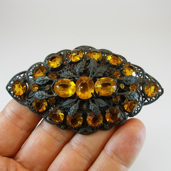 Vintage 1930s unsigned H. Pomerantz Czech Brooch Filigree Yellow Glass, Metal Filigree Metal Brooch with Yellow Crystals