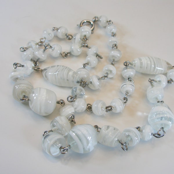 Venetian Murano Necklace Glass White Clear Art Glass-Long White Clear Beaded Necklace-Vintage Necklace-Italian Necklace