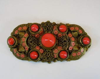 Art Deco Czech Max Neiger Orange Bullet Rhinestones Filigree Brass Brooch Vintage Oval Brooch Dress Jewelry
