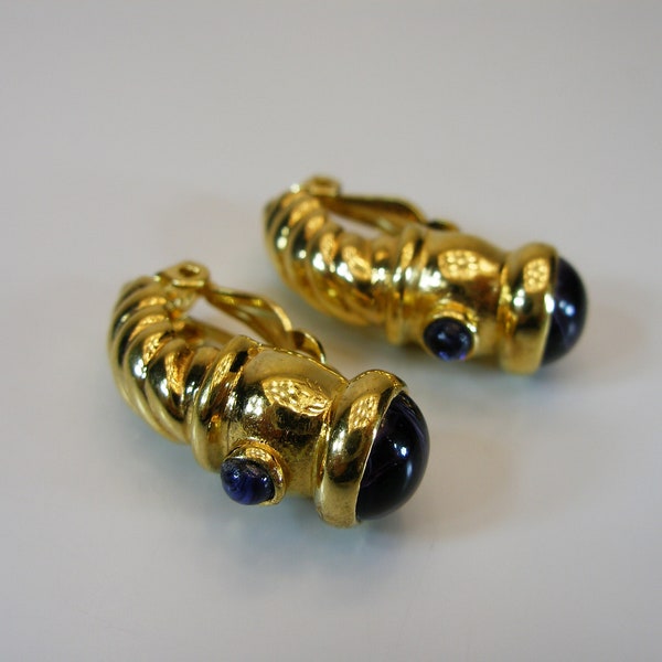 Vintage Ciner Style Curved Purple Blue Cabochon Jewels India Moghul Gold Twist Plate Shrimp Clip Earrings