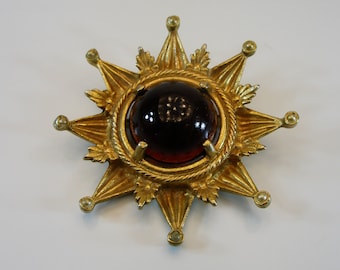 Heraldic Brooch Pendant, Rich Gold Tone Matte Gothic Finish Crest Brooch with Red Crystal, Large Brooch