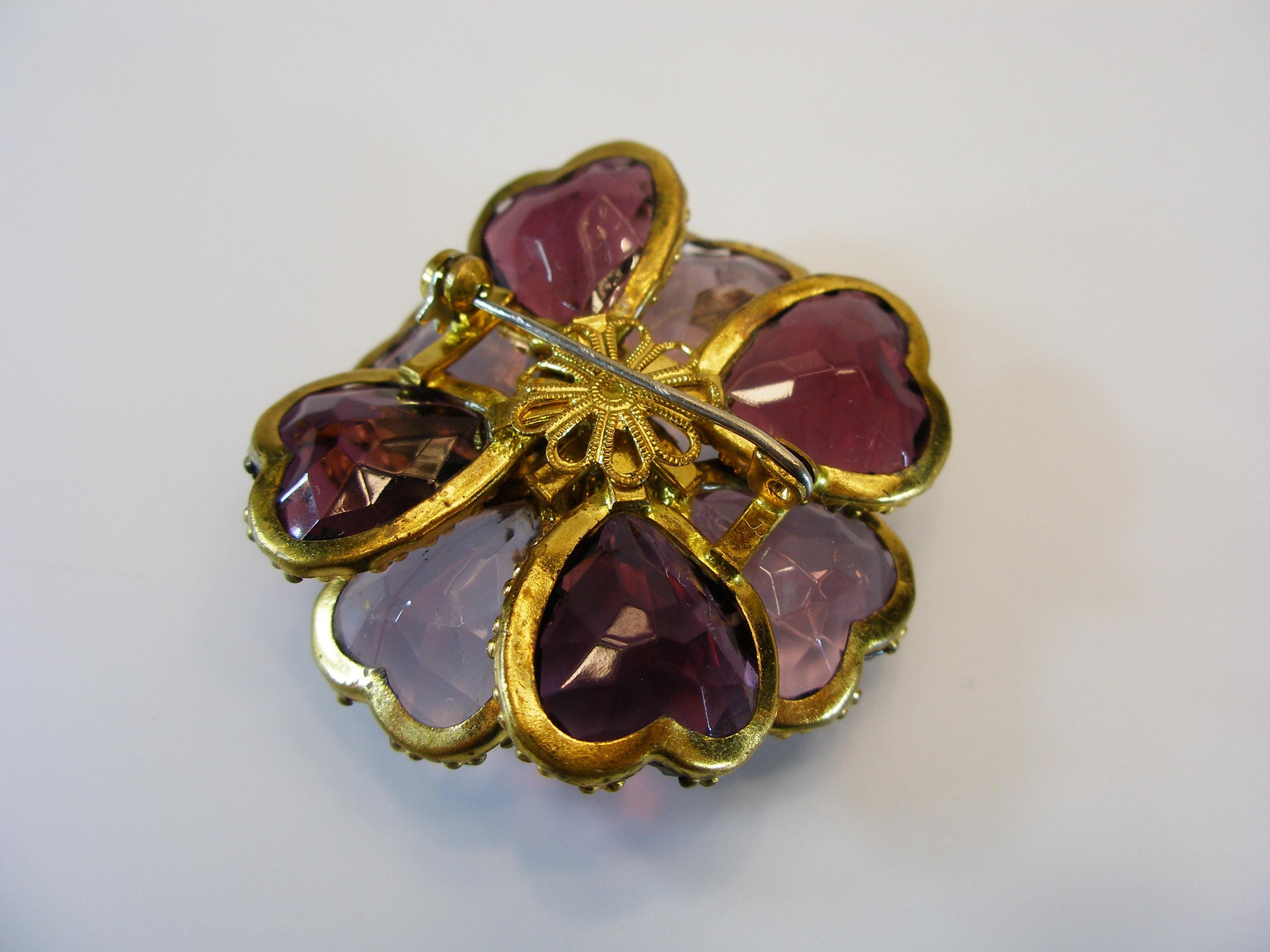 Broche Vintage Bouquet Fleurs Avec Nœud Et Cristal Améthyste - Bijou Ancien